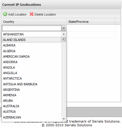 User Authentication: Administration Console - Authentication Settings - IP Geolocations