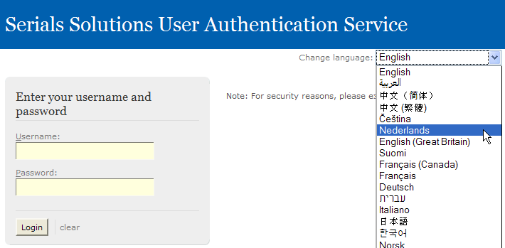 User Authentication - Patron Login - Language Dropdown