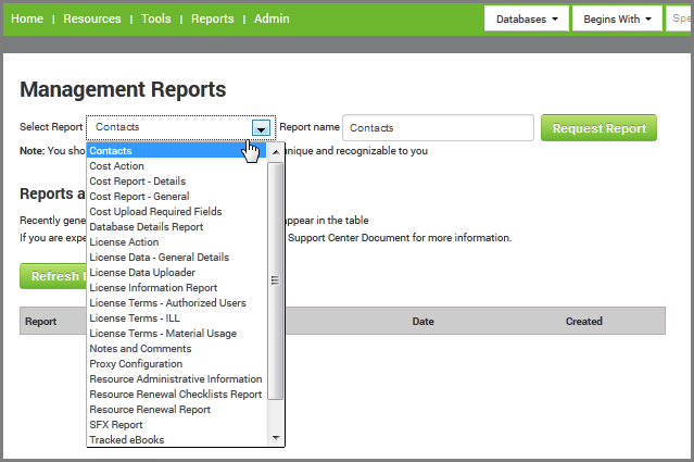 Management Reports list