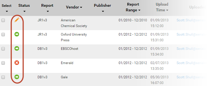 Status icons for report validation and consolidation