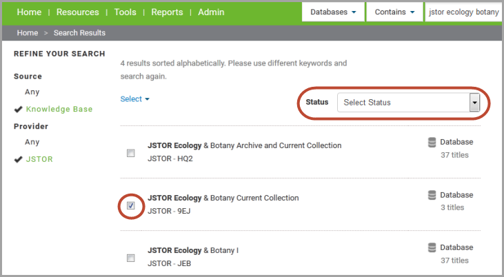 select database and status