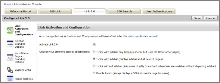 Link Activation and Configuration page