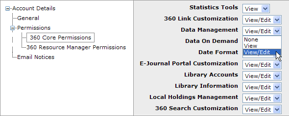 Account Details - 360 Core Permissions