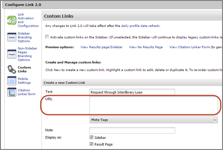 URL field in Custom Link administration console page