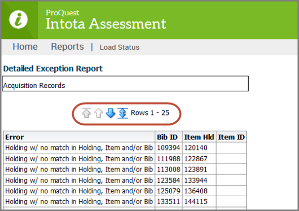 Blue navigation arrows for scrolling through rows of the report