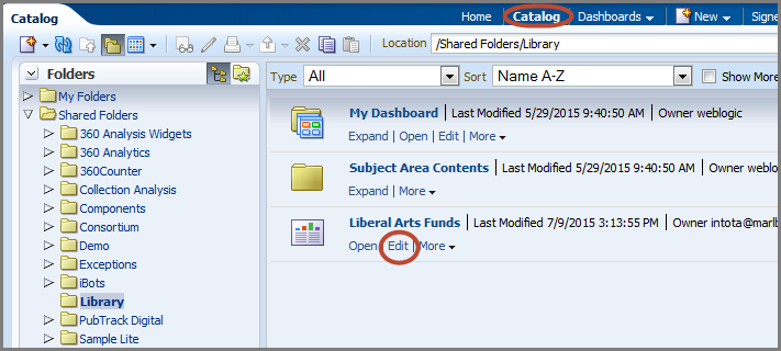 Open the scheduling tool by clicking the Catalog link to locate the report you want to schedule.
