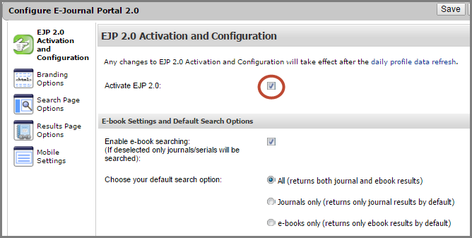 Activation box for E-journal portal 2.0