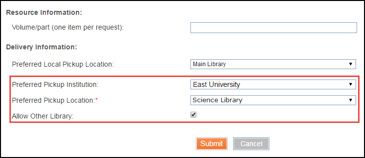 Primo Borrowing Request Fulfillment Request fields highlighted.png