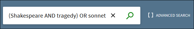 Image of search bar with the following text: (Shakespeare AND tragedy) or sonnet