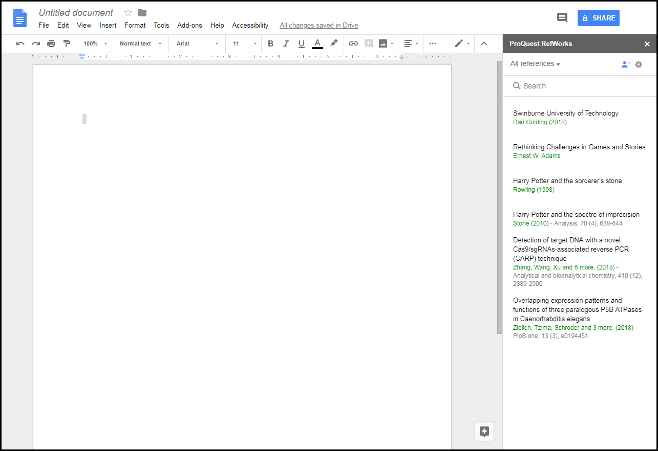 RefWorks for Google Docs Reference View