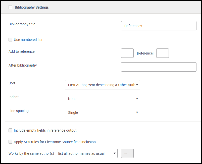 Bibliography settings in the formatting pane.