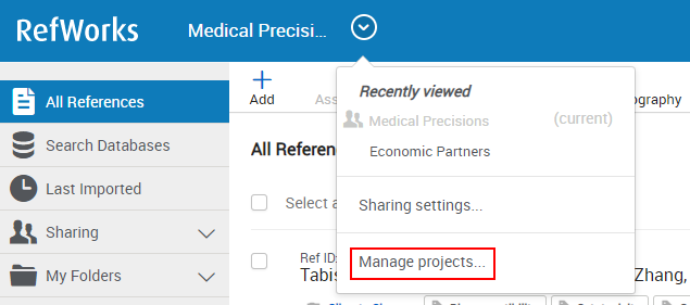 The menu option to manage projects.