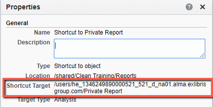 Screenshot of a shortcut that directs to a report saved in a user's private folder