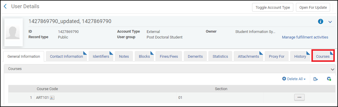 The User Details Page - Courses Tab.