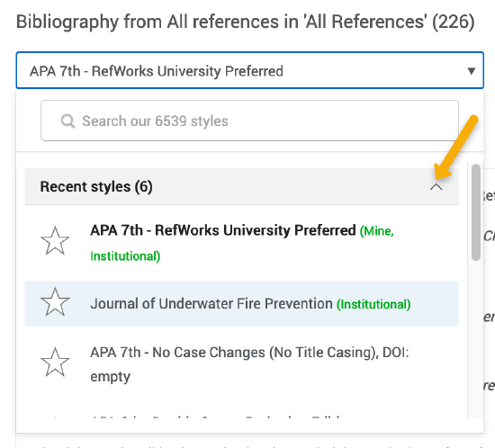 Citation style list on Create Bibliography page in RefWorks