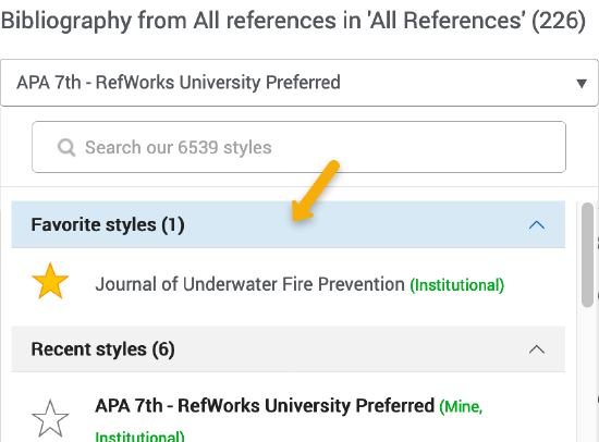 Picture of favorite citation styles list in RefWorks