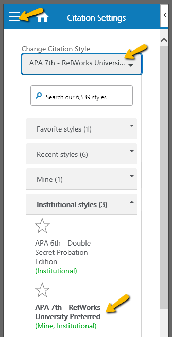 Image of citation style list in RefWorks Citation Manager