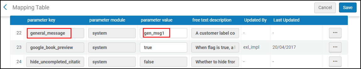 The features mapping configuration table for the general message.